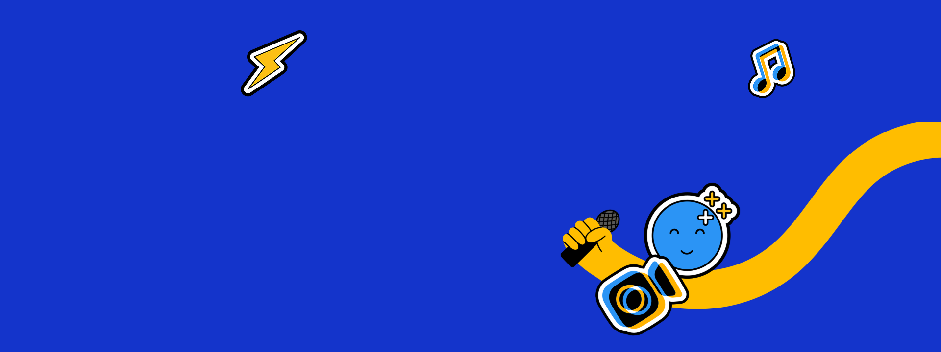 Illustrated character holding a microphone with music notes on a blue and yellow background.