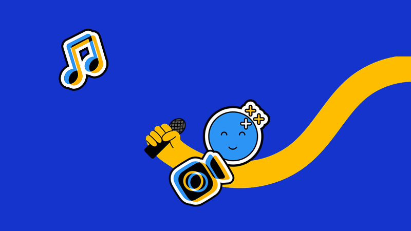 Illustrated character holding a microphone with music notes on a blue and yellow background.