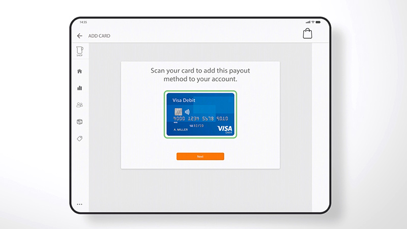 Illustration of a tablet with a text asking user to scan their card to add a payment method to the account and a Visa card.