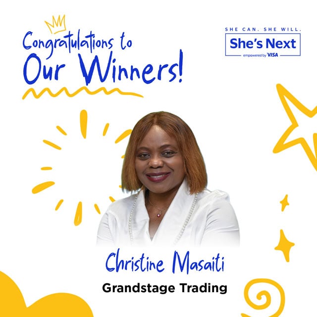 Congratulations banner for She's Next by Visa featuring a smiling woman. Text reads "Congratulations to Our Winners! Christine Masaiti, Grandstage Trading." Playful yellow accents surround the image.