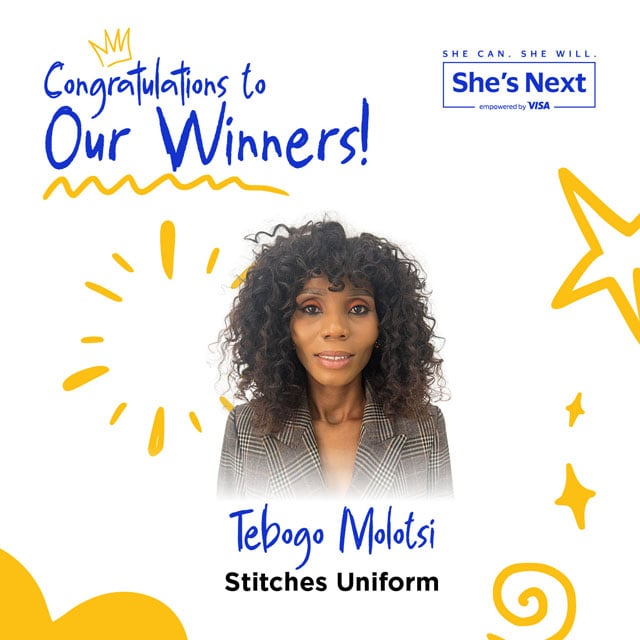 Congratulations banner for She's Next by Visa featuring a smiling woman. Text reads "Congratulations to Our Winners! Tebogo Molotsi, Stitches Uniform." Playful yellow accents surround the image.