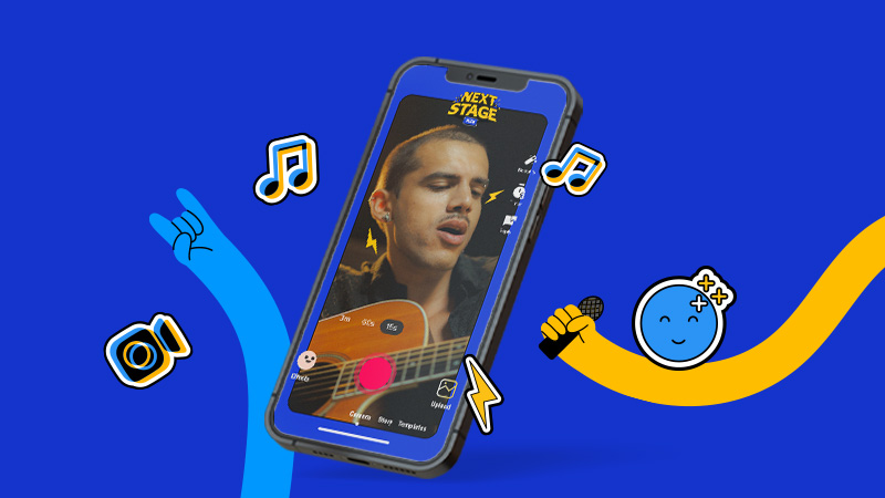 Smartphone screen showing musician playing guitar with animated music icons on blue background.